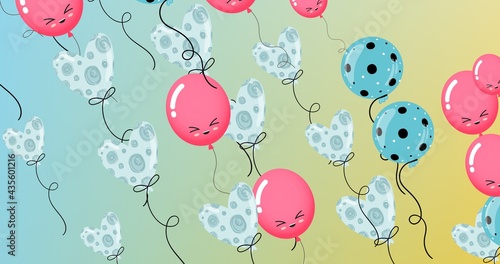 Composition of multiple blue, pink balloons with faces on blue background
