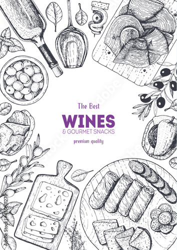 Wines and gourmet snacks frame vector illustration. Snacks for wine hand drawn. Gourmet food set.