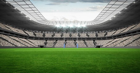 Composition of empty sports stadium with rugby field