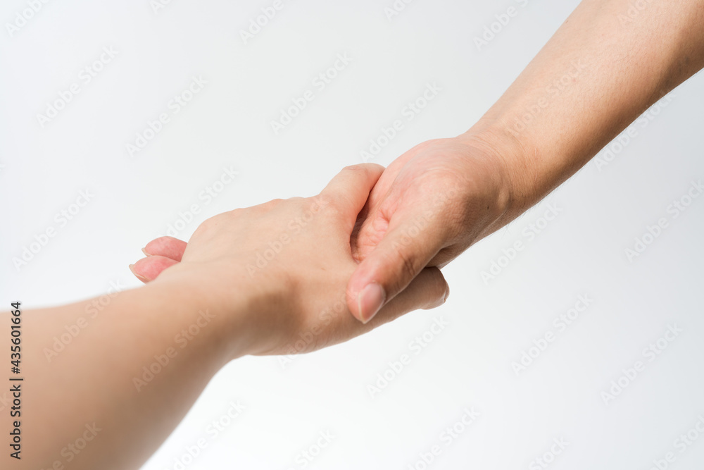 Close up of handshake on white background Close up of handshake on white background
