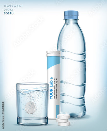 Glass of blue water, bottle of water, plastic box for pills and a few pills next to the glass.  Vitamin pill soluble in water.  Transparent vector