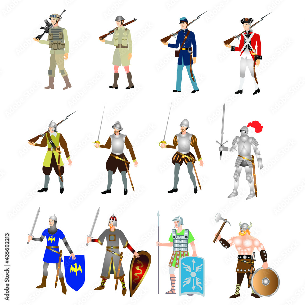 Anchient warrior, knight, ww2 soldier and modern army  set Vector
