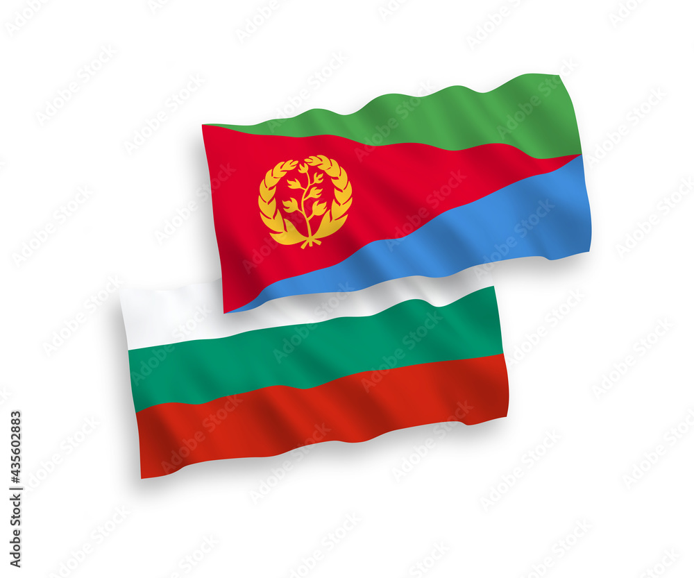 National vector fabric wave flags of Bulgaria and Eritrea isolated on white background. 1 to 2 proportion.