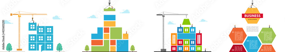 Tower crane made of colored blocks builds city. Set color concept of building business.