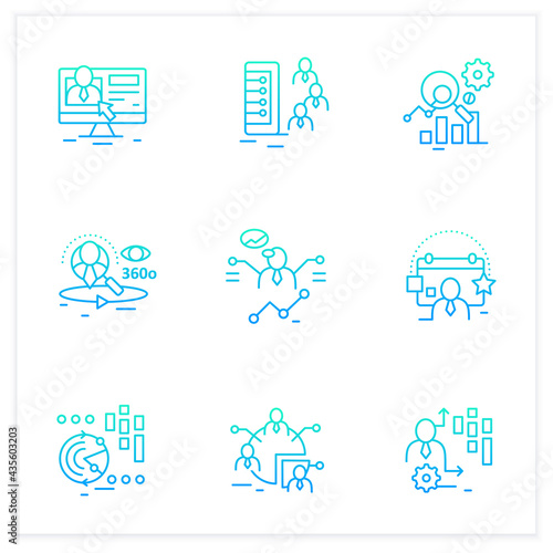 Customer data platform gradient icons set. Consists of real-time data, behavioral, marketing companies etc. Client data concepts.Isolated vector illustration.Suitable to banners,apps and presentation