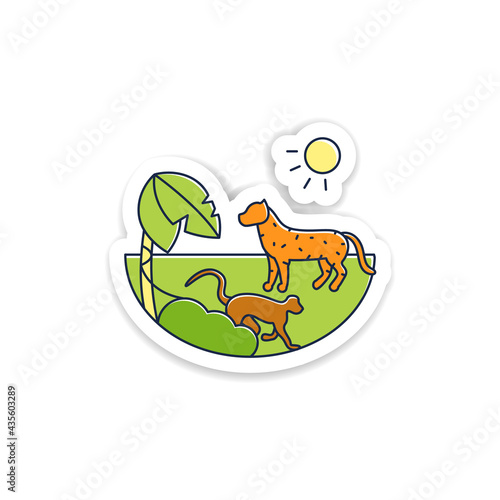 Tropical rainforest sticker.Humid and warm place.Located near the equator badge for designs.Living place for dangerous animals like jaguar and monkeys vector emblem