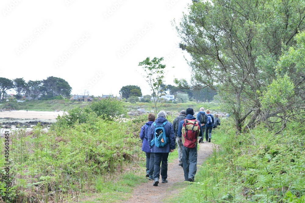 Retired hikers on a path in Brittany. France Retired hikers on a path in Brittany. France