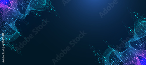Modern technology circuit board texture background design. Quantum computer technologies concepts, large data processing. Futuristic blue circuit board background. Minimal vector motherboard