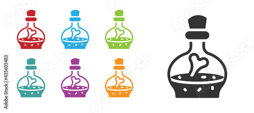 Black Bottle with potion icon isolated on white background. Flask with magic potion. Happy Halloween party. Set icons colorful. Vector