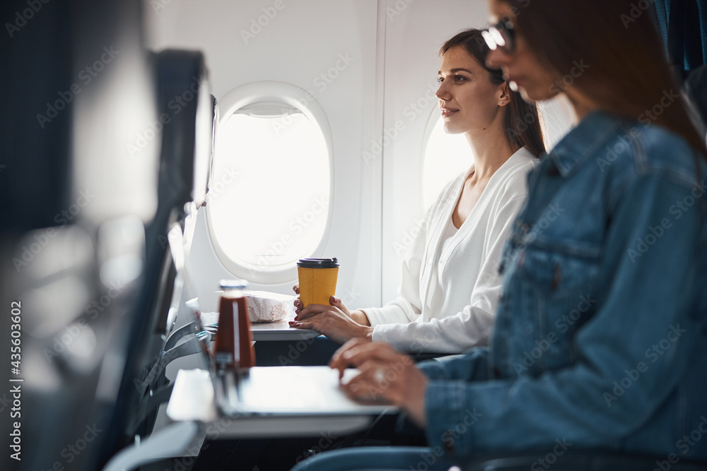 Female with coffee near her friend with laptop on airplane
