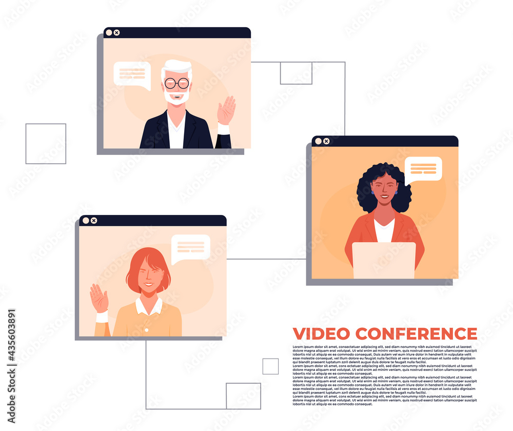 vector of three people in a virtual business video conference there is an African American woman, an old man and a young Asian woman.