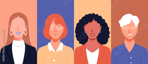 portrait of a smiling older African American, Latina, Asian, and Caucasian woman in work clothes