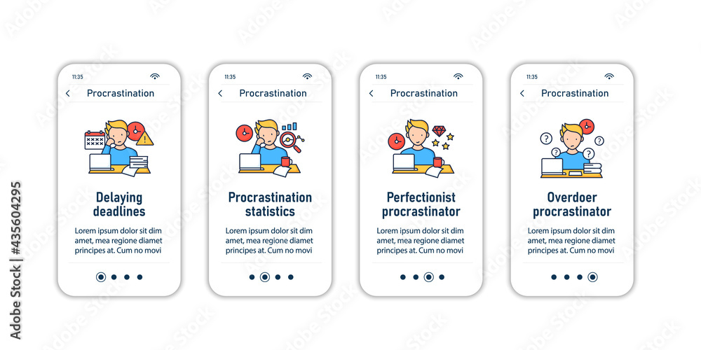 Procrastination onboarding mobile app screens. Postpone unpleasant tasks for later.Delay. Overwhelmed steps menu. Set of UI, UX, web template with RGB color linear icons Procrastination onboarding mobile app screens. Postpone unpleasant tasks for later.Delay. Overwhelmed steps menu. Set of UI, UX, web template with RGB color linear icons