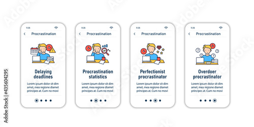 Procrastination onboarding mobile app screens. Postpone unpleasant tasks for later.Delay. Overwhelmed steps menu. Set of UI, UX, web template with RGB color linear icons