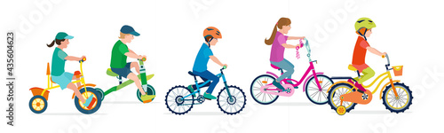 Set of flat happy kids on bicycles. Child riding colorful bike on white background. Girl and boy kids outdoor bike sport. Vector illustration.