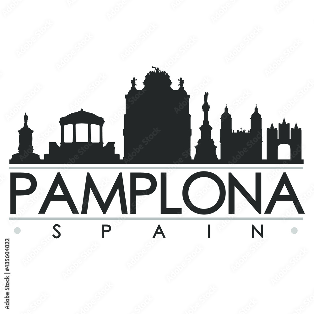 Pamplona, Navarre, Spain Skyline Silhouette Design. Clip Art City Vector Art Famous Buildings Scene Illustration.