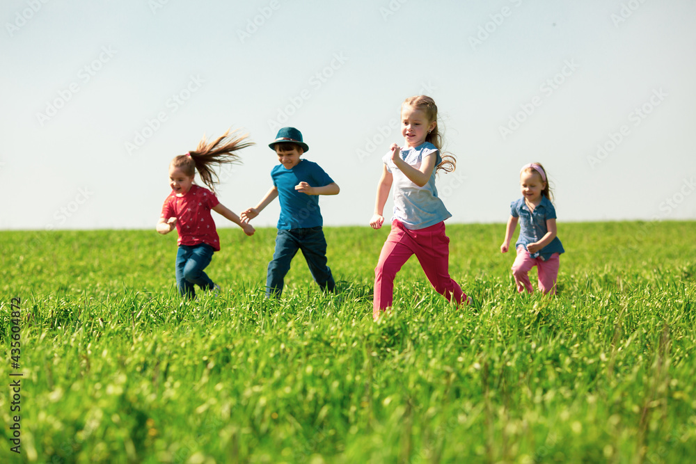 A group of happy children of boys and girls run in the Park on the grass on a Sunny summer day . The concept of ethnic friendship, peace, kindness, childhood A group of happy children of boys and girls run in the Park on the grass on a Sunny summer day . The concept of ethnic friendship, peace, kindness, childhood