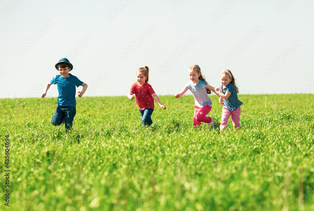 A group of happy children of boys and girls run in the Park on the grass on a Sunny summer day . The concept of ethnic friendship, peace, kindness, childhood A group of happy children of boys and girls run in the Park on the grass on a Sunny summer day . The concept of ethnic friendship, peace, kindness, childhood
