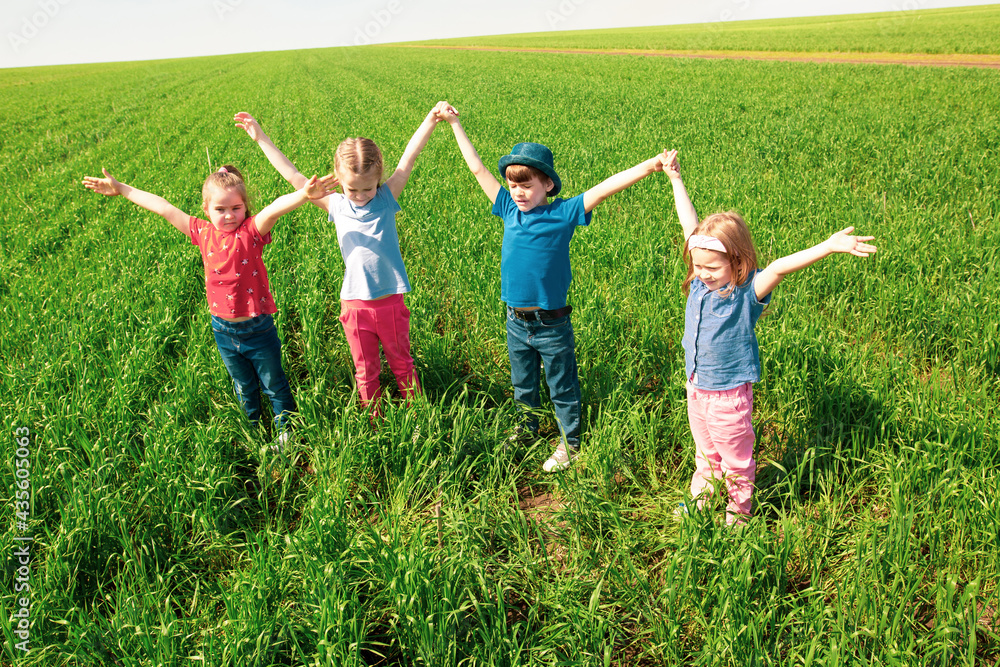 A group of happy children of boys and girls run in the Park on the grass on a Sunny summer day . The concept of ethnic friendship, peace, kindness, childhood A group of happy children of boys and girls run in the Park on the grass on a Sunny summer day . The concept of ethnic friendship, peace, kindness, childhood