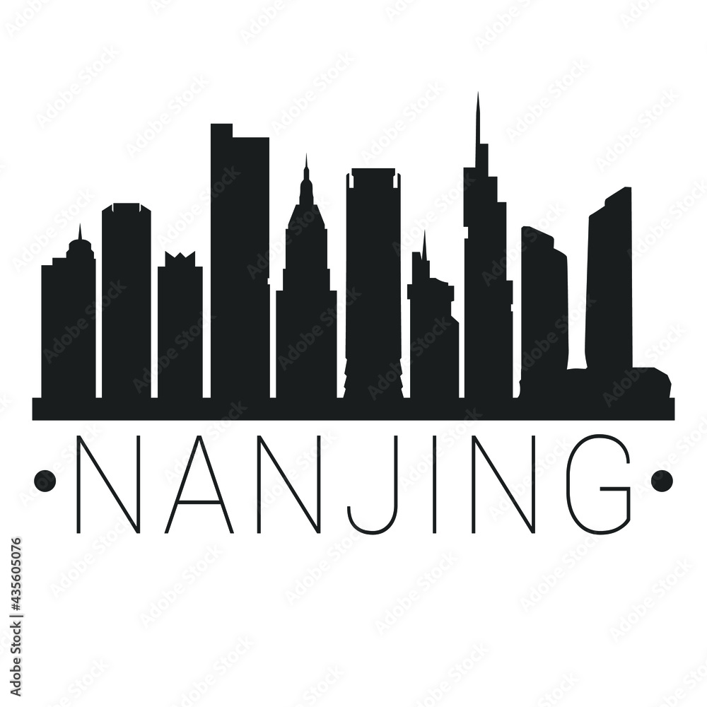 Nanjing, Jiangsu, China City Skyline. Silhouette Illustration Clip Art. Travel Design Vector Landmark Famous Monuments.