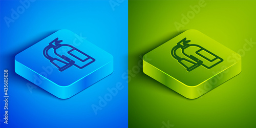 Isometric line Fire extinguisher icon isolated on blue and green background. Square button. Vector