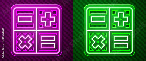 Glowing neon line Calculator icon isolated on purple and green background. Accounting symbol. Business calculations mathematics education and finance. Vector
