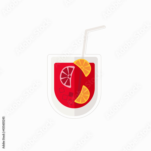 Flat illustration icon of a negroni cocktail, fruit juice in a glass glass with orange and grapefruit slices, a straw. For menu, food illustrations