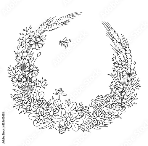 Summer cornflowers rye chamomile floral elegant romantic old fashioned wreath contour coloring page