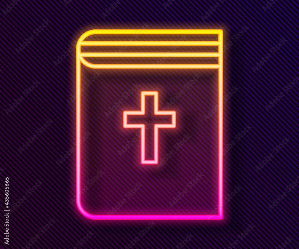 Fototapeta premium Glowing neon line Holy bible book icon isolated on black background. Vector