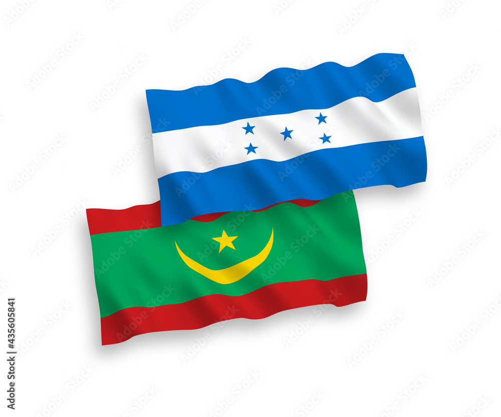 Fototapeta premium National vector fabric wave flags of Islamic Republic of Mauritania and Honduras isolated on white background. 1 to 2 proportion.