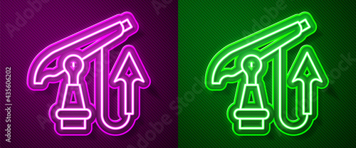 Glowing neon line Fishing harpoon icon isolated on purple and green background. Fishery manufacturers for catching fish under water. Diving underwater equipment. Vector
