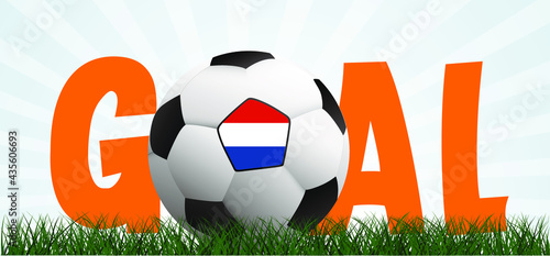 Slogan goal with football with flag of the Netherlands on green soccer grass field. Vector background banner. Sport finale wk, ek or school, sports game cup. 