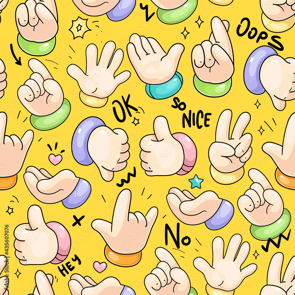 Cartoon hands gestures on a yellow background. Seamless pattern for ...