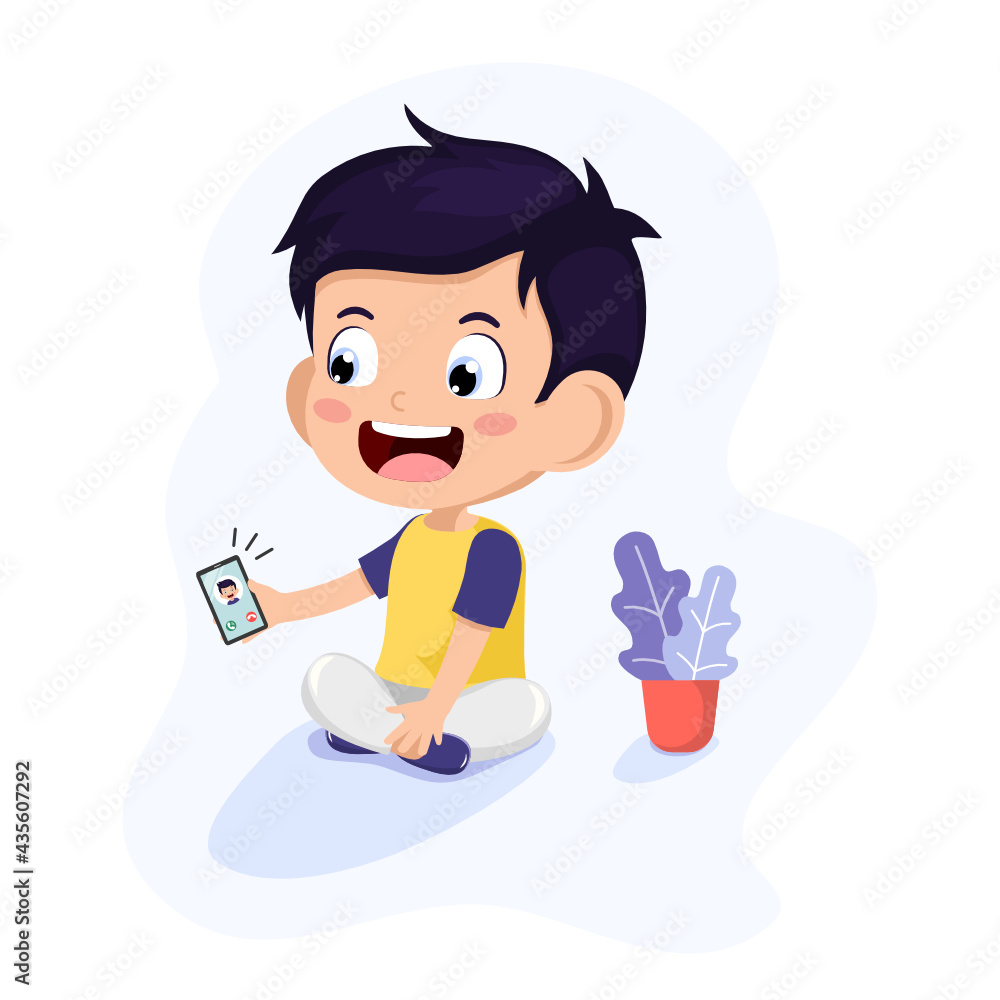 Cute little kid holding phone using for call with friend. Children happy smile using cell phone for talking ฺ Incoming call on screen smartphone. Vector illustration for call telephone. Cute little kid holding phone using for call with friend. Children happy smile using cell phone for talking ฺ Incoming call on screen smartphone. Vector illustration for call telephone.