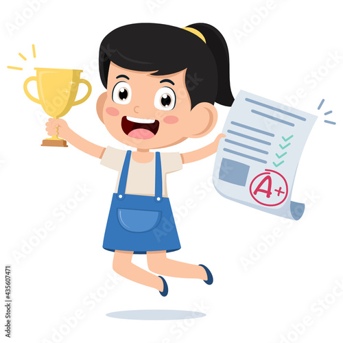 happy cute kid girl happy receive the 1st award from exams. gold trophy. cartoon vector illustration.