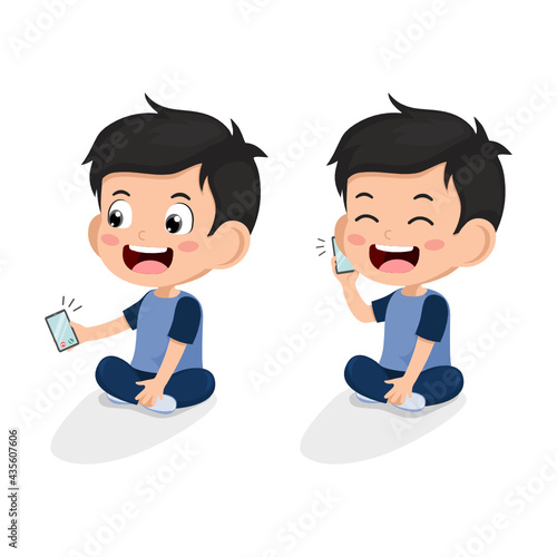 Cute little Kid using mobile phone calling with friend. Boy happy smile using internet technology for talking. Incoming call on smartphone. Positive emotions. Stay at home. Vector illustration.