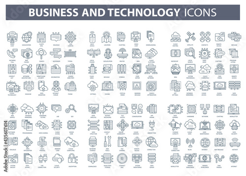 Business and marketing, programming, data management, internet connection, social network, computing, information. Icons set. Flat vector illustration	