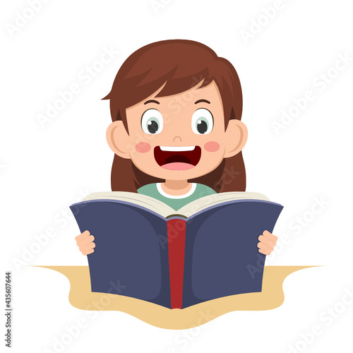 Cute little girl reading book for learning. clever kid. children happy smile when reading textbook. character cartoon child vector illustration for education and study.