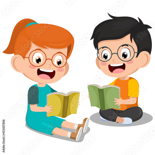 Cute little boy and girl sitting reading book on floor for learning. clever kid. childhood happy smile when reading textbook. character cartoon child  vector illustration for education and study.