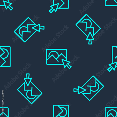 Green line Photo retouching icon isolated seamless pattern on blue background. Photographer, photography, retouch icon. Vector
