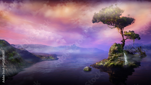 Obraz na plátně Mountain landscape with a tree on a lake island, 3D render.