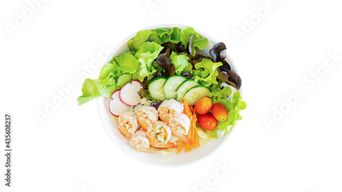 Shrimp salad with white isolated background.
