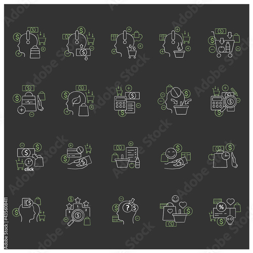 Mindful spendings chalk icons set. Conscious buying, conscious consumer,buy less. Shopaholism, sales, green thinking. Buying fewer concepts. Isolated vector illustrations on chalkboard