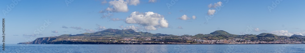 Sao Miguel island seen from ocean, Azores travel destination, panorama.