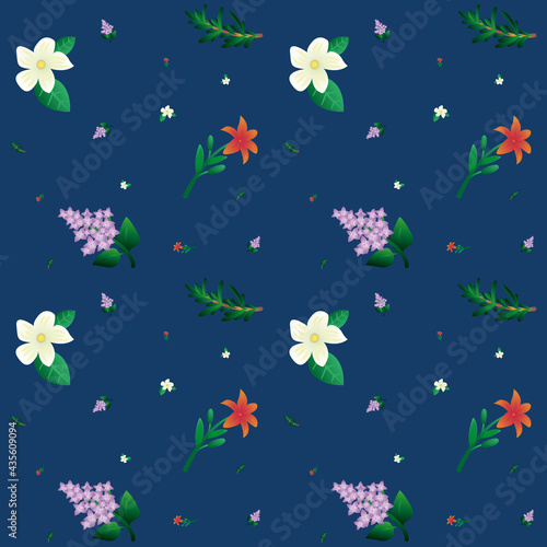 Simple seamless pattern with beautiful flowers. Orange-red lily, white jasmine, purple lilac and green rosemary