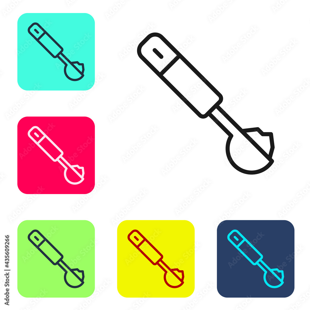 Black line Measuring spoon icon isolated on white background. Set icons in color square buttons. Vector Black line Measuring spoon icon isolated on white background. Set icons in color square buttons. Vector