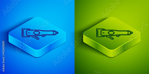 Isometric line Electrical hair clipper or shaver icon isolated on blue and green background. Barbershop symbol. Square button. Vector