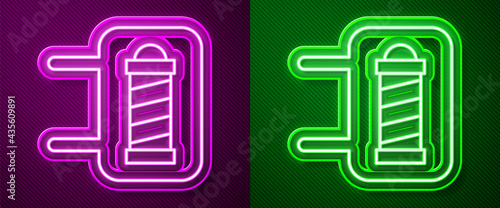 Glowing neon line Classic Barber shop pole icon isolated on purple and green background. Barbershop pole symbol. Vector
