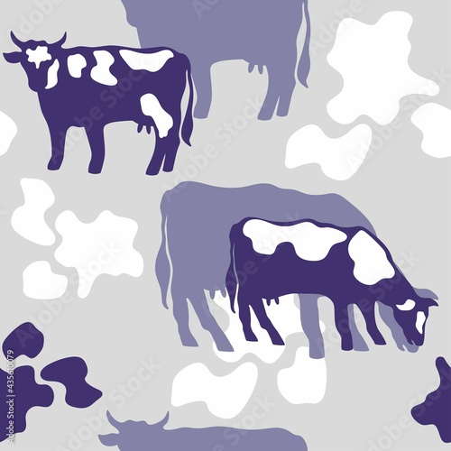 Vector seamless pattern of spotted cows in lilac colors. Cows graze in the meadow. Design for printing on textiles, packaging, paper, wallpaper. 