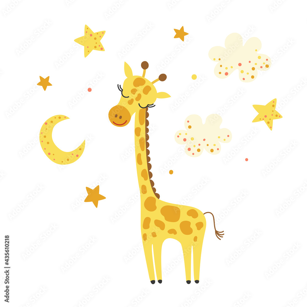 Cartoon giraffe with clouds, stars, moon. Vector illustration. Cartoon giraffe with clouds, stars, moon. Vector illustration.